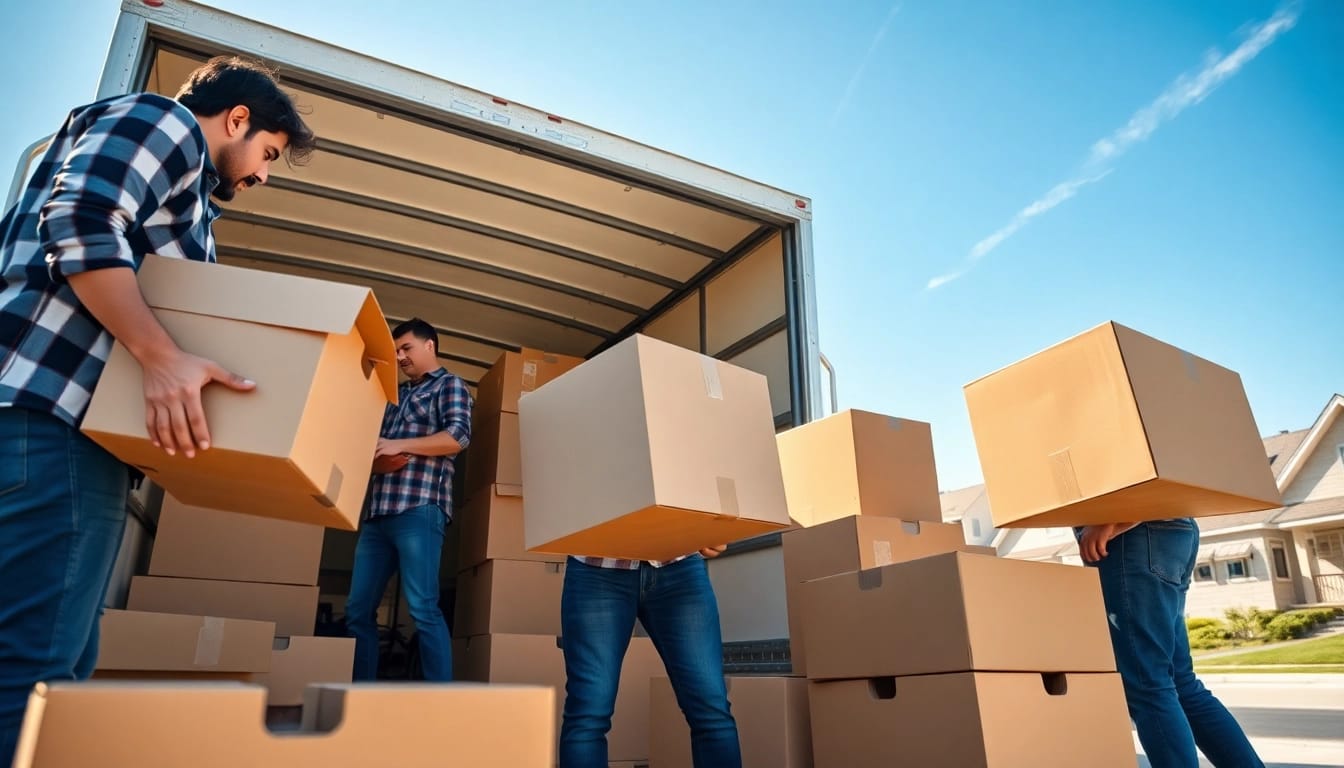 Efficient packing by canadian movers highlighting teamwork and professionalism in a sunny environment.