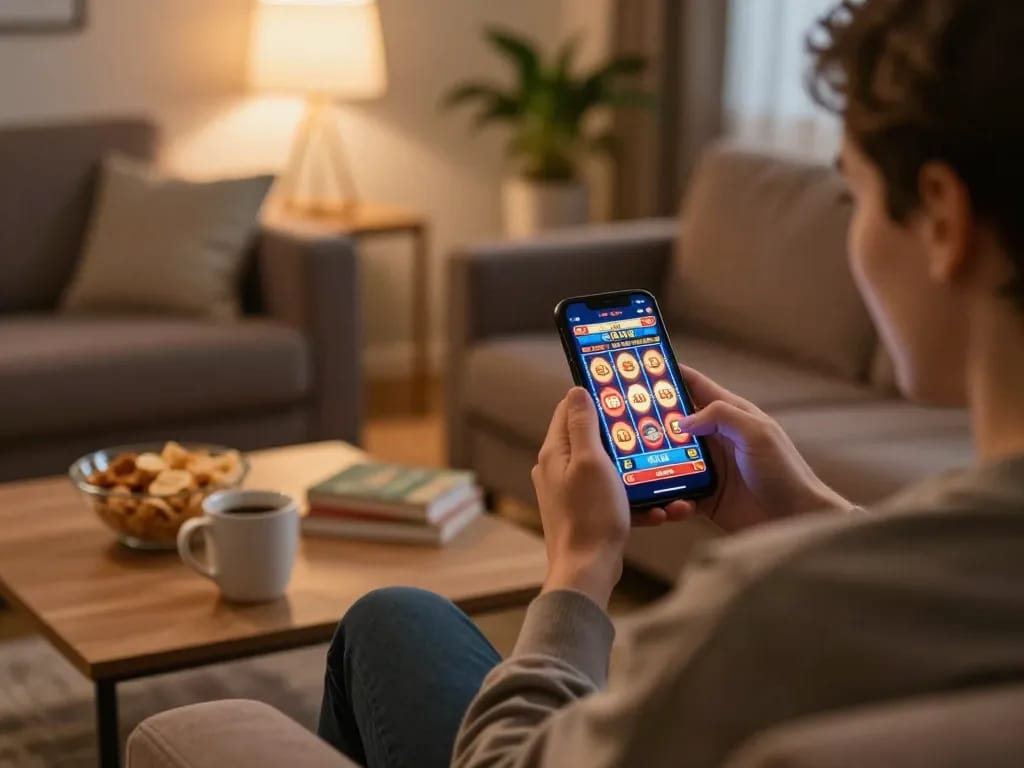 Online casinos Canada player enjoying a big win on smartphone in cozy home setting.