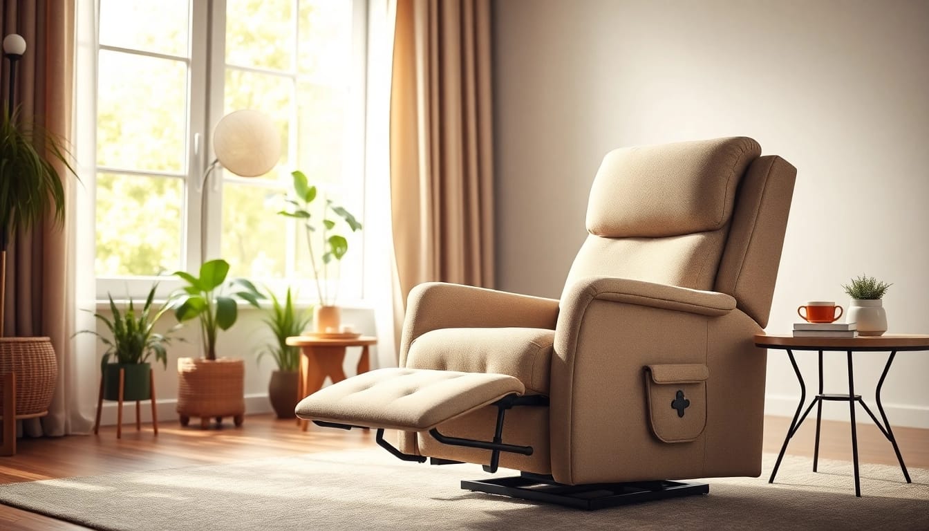 Relax in a plush power lift chair set in a bright, inviting living room with a calming atmosphere.
