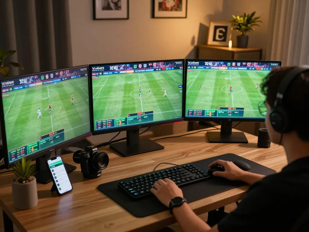 Xoilac TV user actively betting on a live football match with multiple screens displaying action