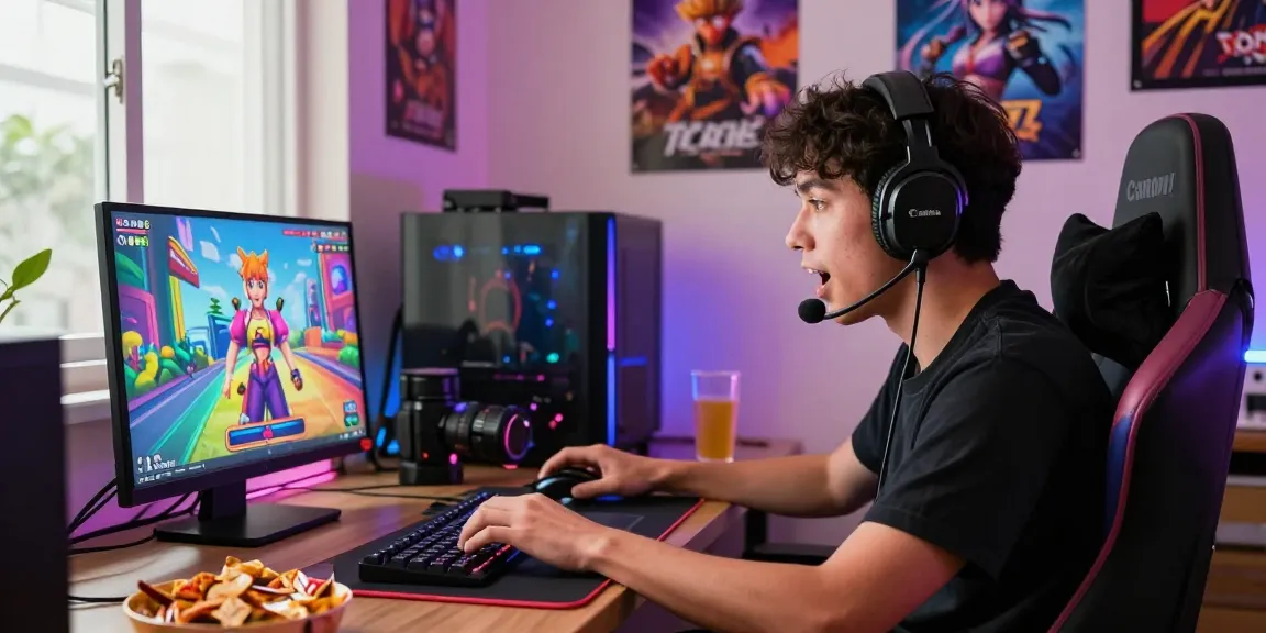 Player enjoying a vibrant hentai game on a laptop in a colorful gaming setup.