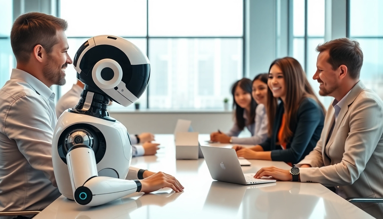 Showcasing an enterprise AI assistant aiding a diverse team in a modern office environment.