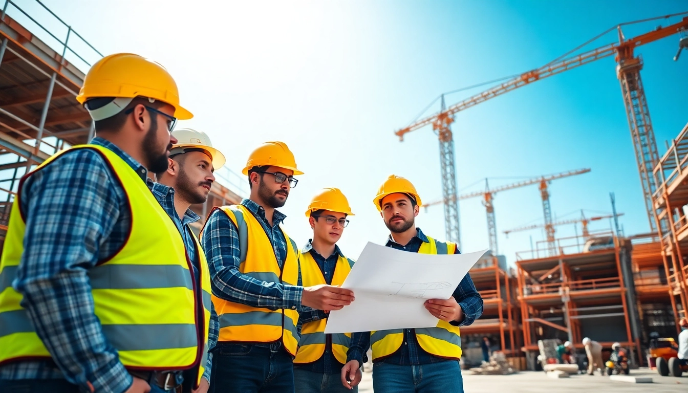 Promoting construction site safety with workers collaborating on blueprints amid active construction.