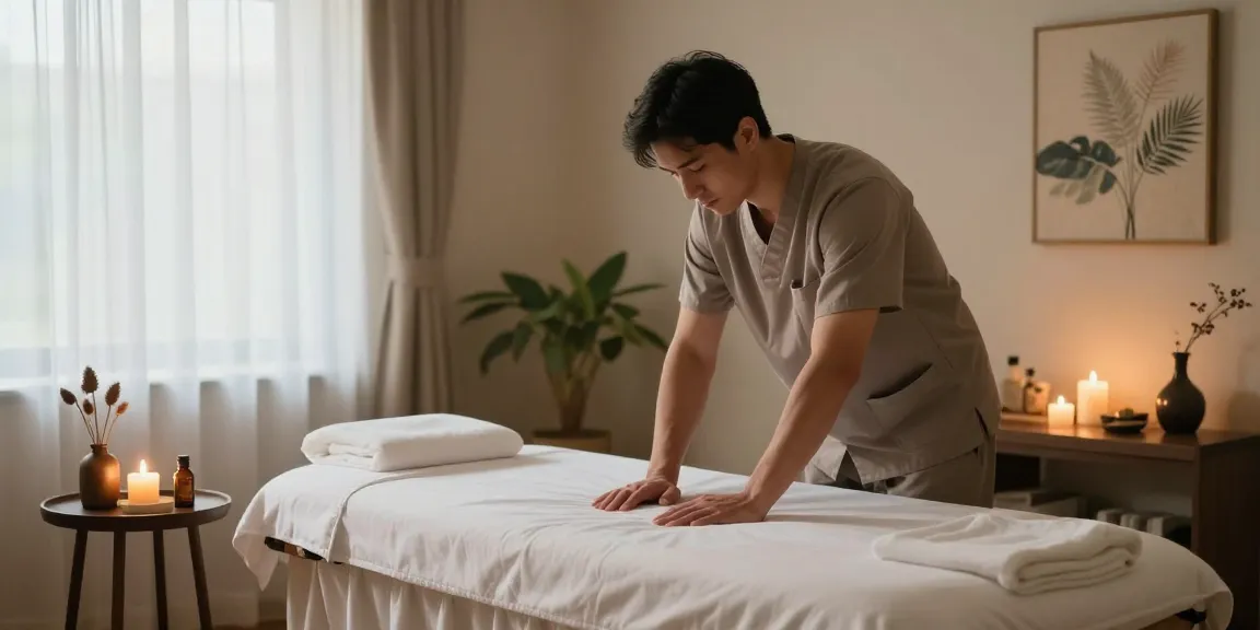 전주마사지 전문 요법실에서 아로마 오일과 촛불을 준비하는 관리사 모습