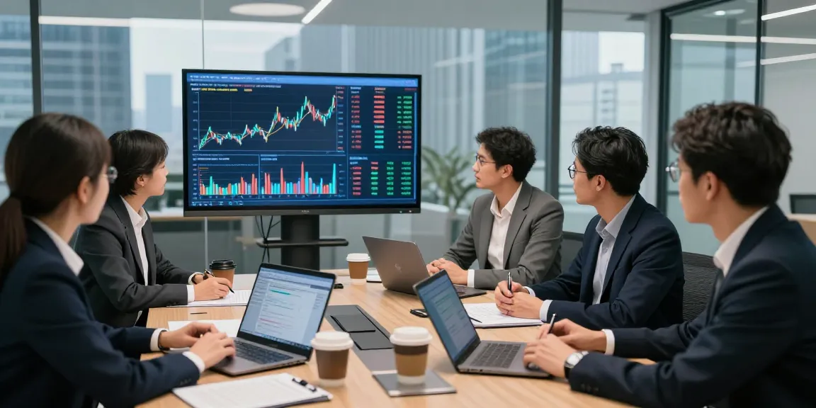 Team of analysts discussing financial crime intelligence trends in a modern conference room.