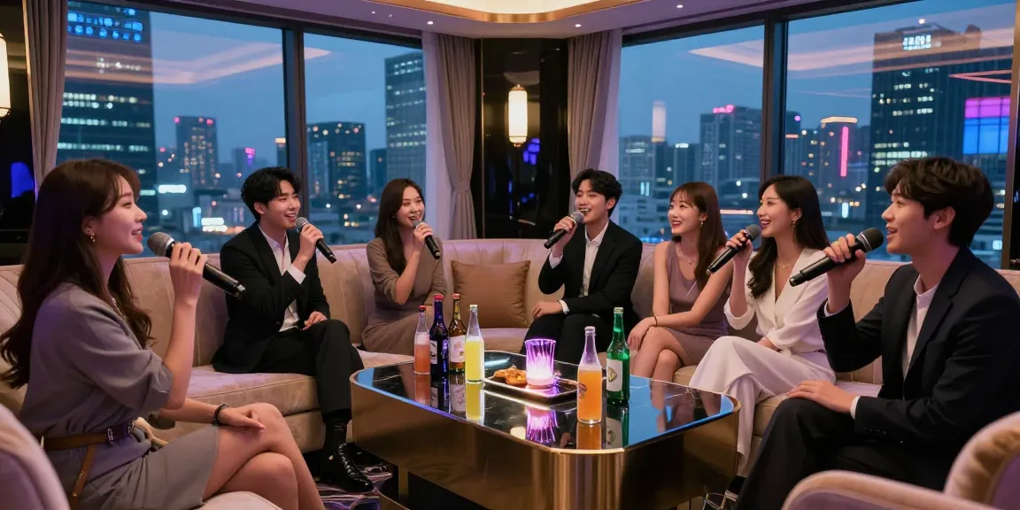 강남가라오케의 고급스러운 룸에서 즐거운 시간을 보내는 젊은 전문직 종사자들