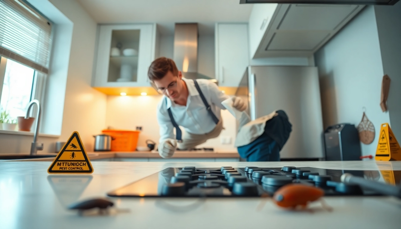 Cockroach extermination service demonstrating pest control methods in a pristine kitchen.