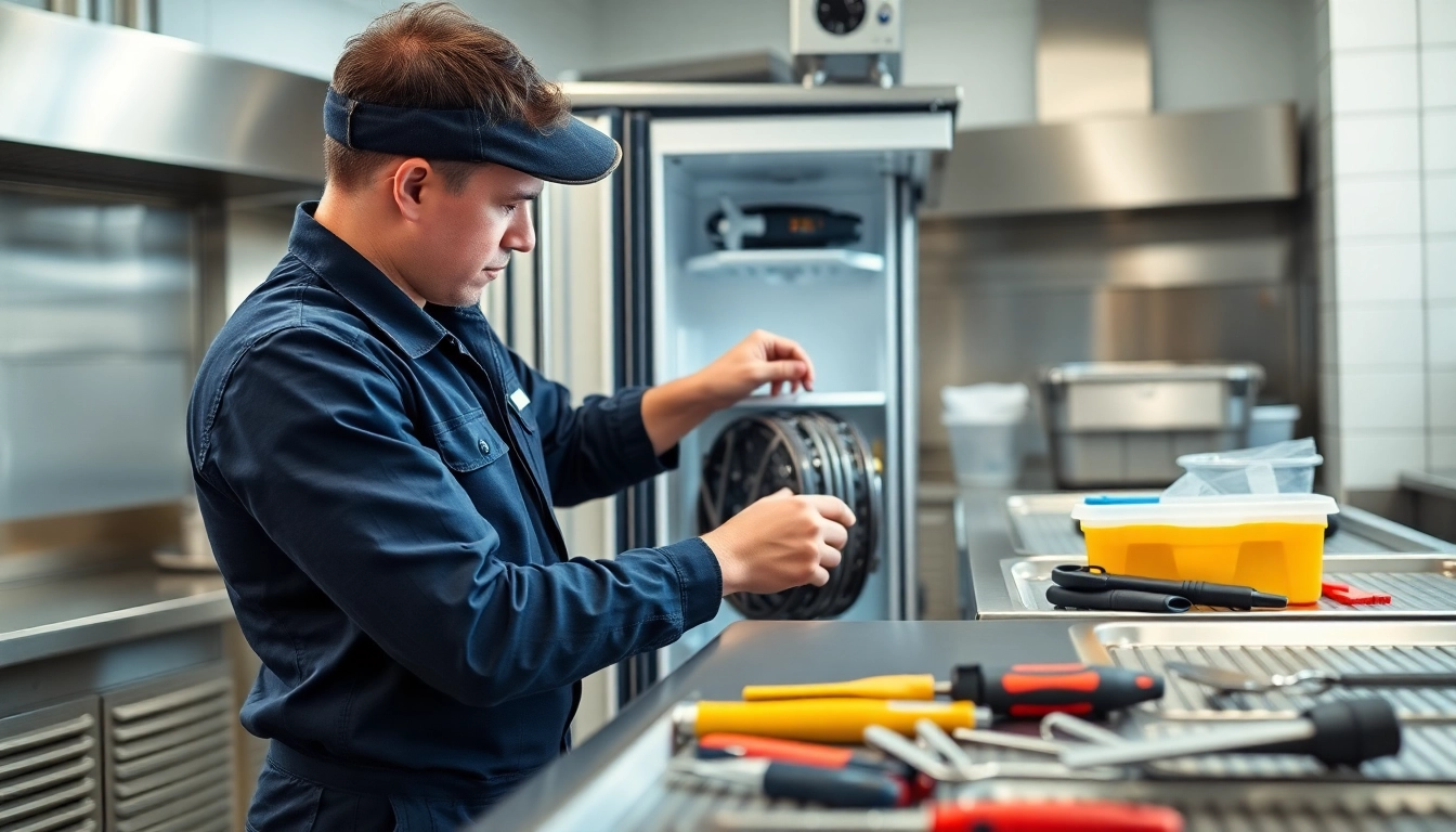 Technician providing Commercial Freezer Repair service in a professional kitchen.