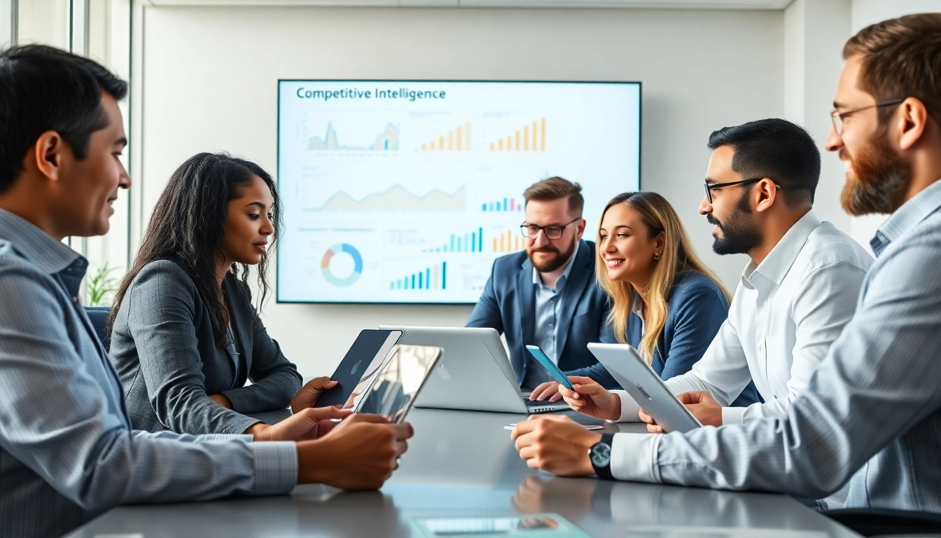 Utilize AI for competitive intelligence with dynamic business collaboration in a modern conference room.