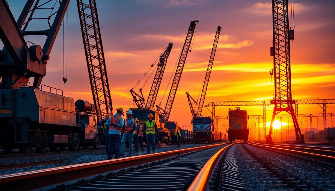 Dedicated railroad contractors working on track alignment with machinery at sunset.
