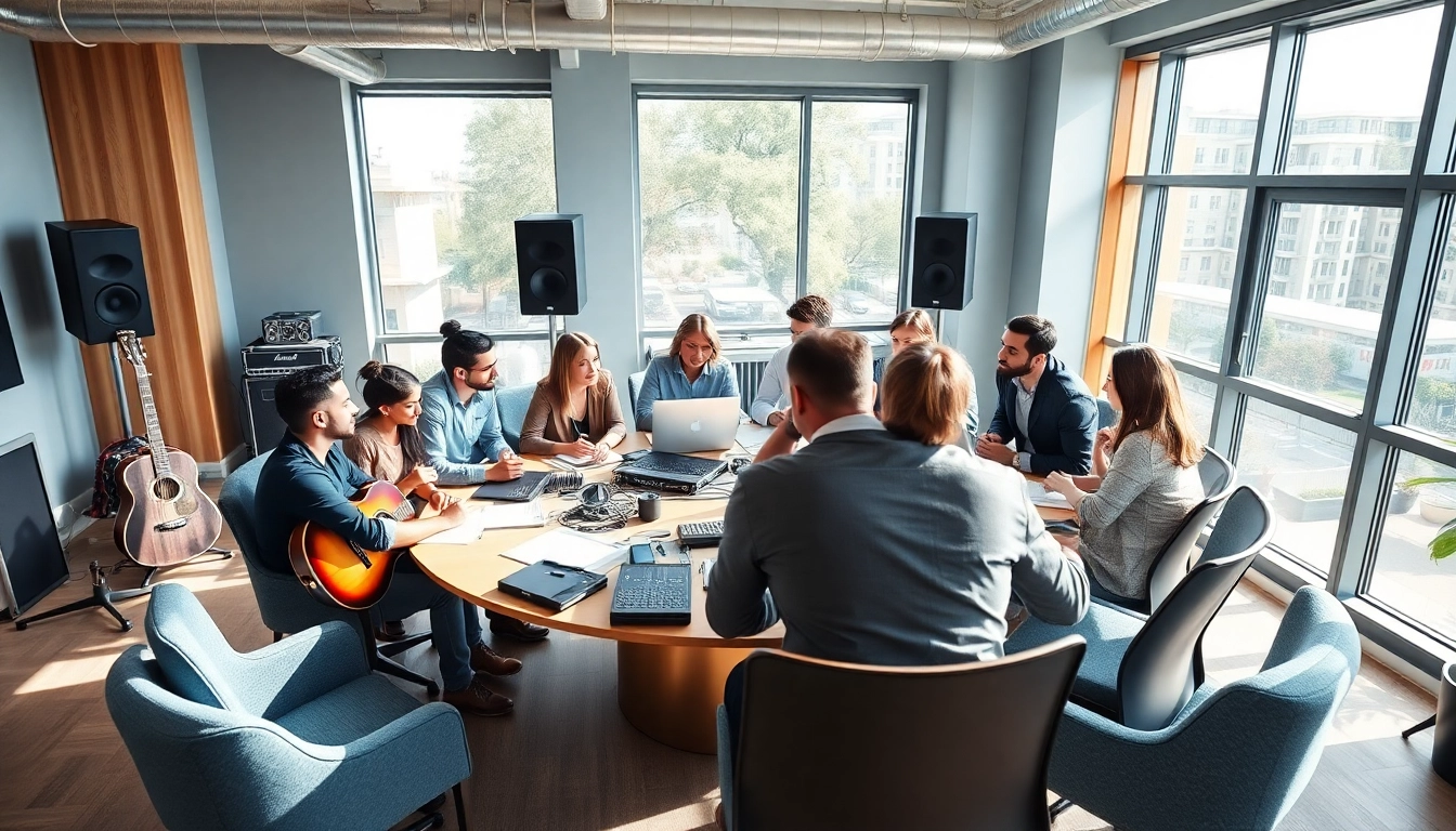 Team collaborating at a music PR company office, fostering creativity for artist promotion.