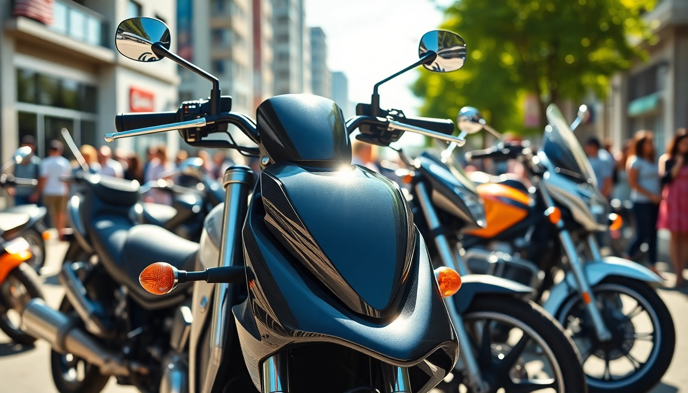 Showcase of budget DOT approved motorcycles for sale, highlighting sleek design and urban environment.