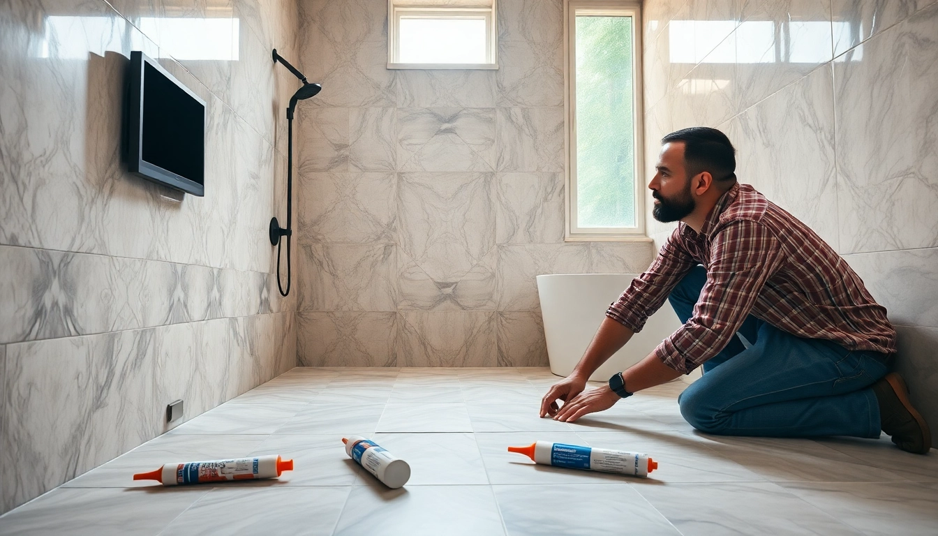 Tile Installater Salem working on an elegant bathroom with exquisite tile patterns.