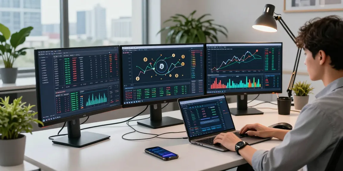 Cloud mining site with cryptocurrency analytics on multiple screens in a modern office.
