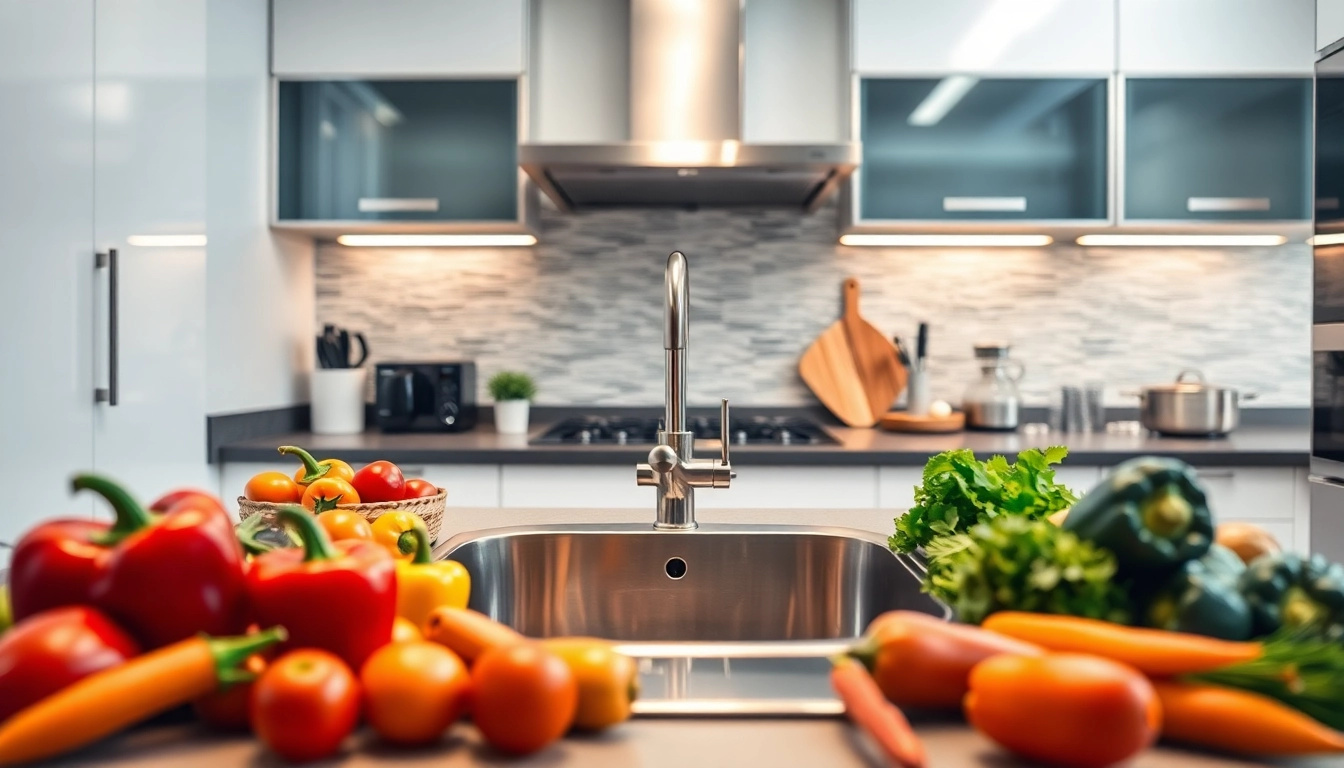 Shimmering steel sink featured prominently in a modern kitchen setup with vibrant vegetables.