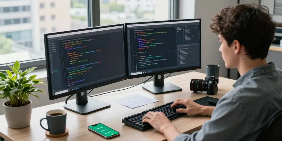 Engaging workspace scene with developer coding WhatsApp下載 interface, modern tech setup, potted plant, and coffee.