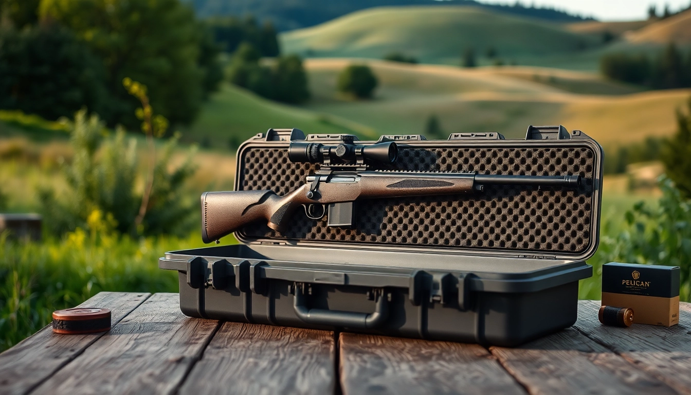 Showcasing a Pelican rifle case with an elegant rifle, highlighting its rugged design and durability.