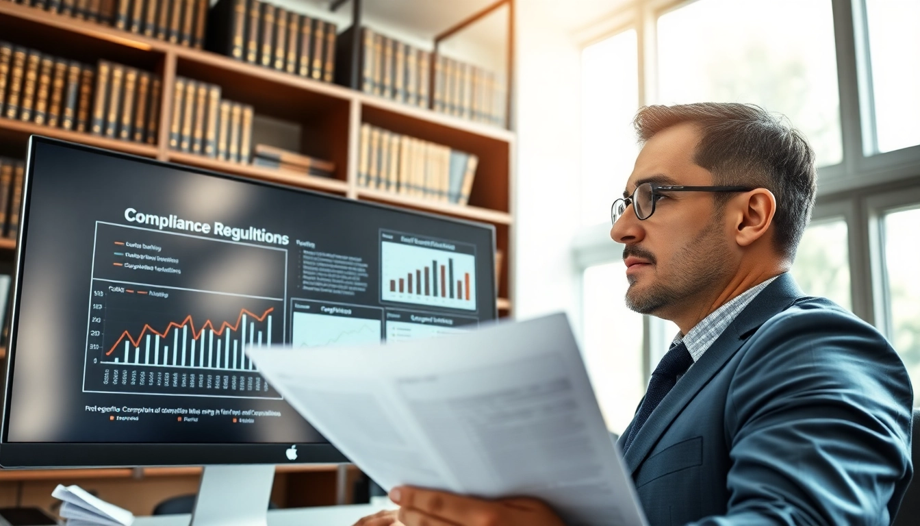 Consultant reviewing FCPA/DCAA/Flowdown/ITAR/EAR compliance documents in a modern office.