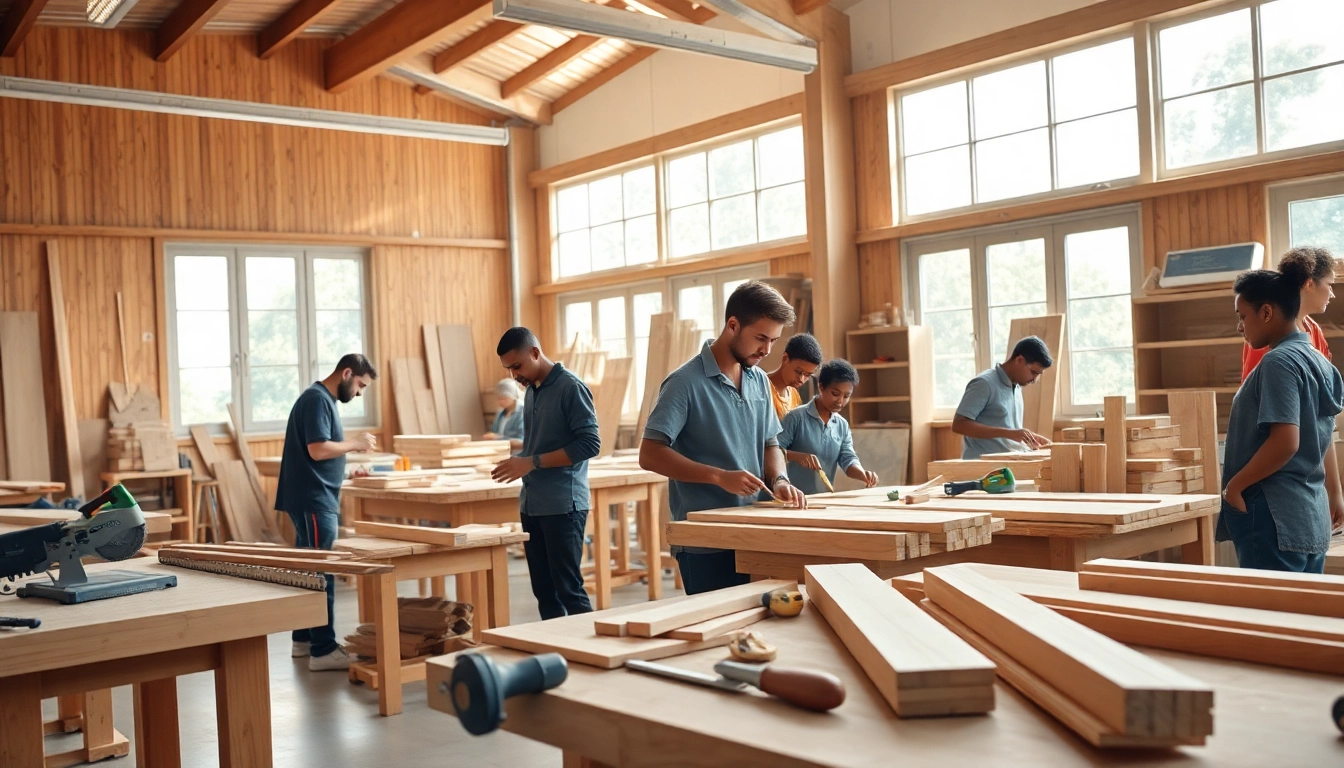Students learning carpentry skills in Durban through hands-on projects in a well-lit workshop.
