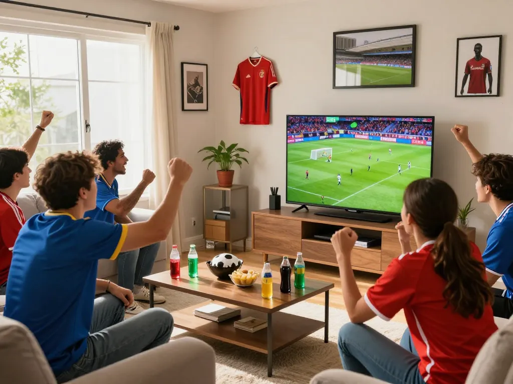 Live football viewing with friends watching trực tiếp bóng đá in a vibrant living room.