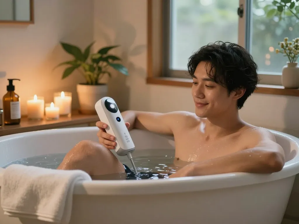 穏やかな家庭のお風呂環境でキトー君の口コミの利点を楽しんでいる。