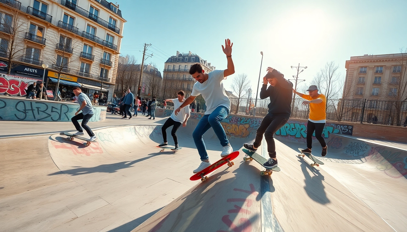 Apprendre le Skate Paris en plein air avec des skateurs diversifiés au skatepark.