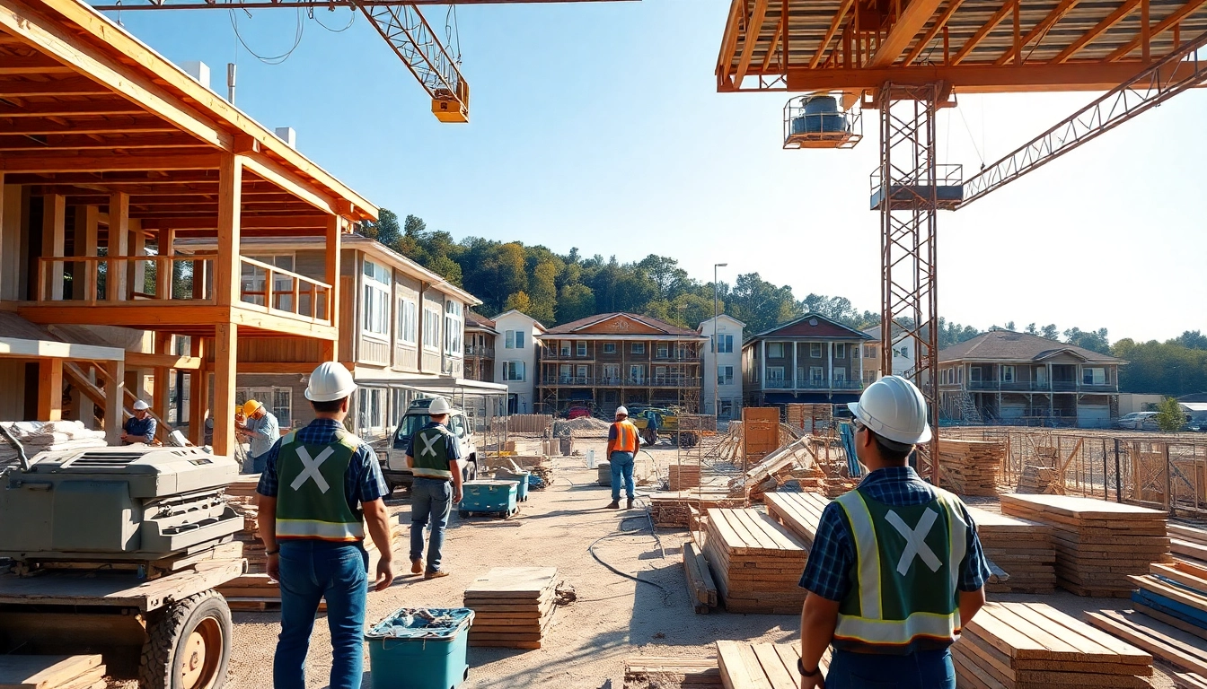 Construction workers in the Carolinas building modern structures, showcasing industry and community development.