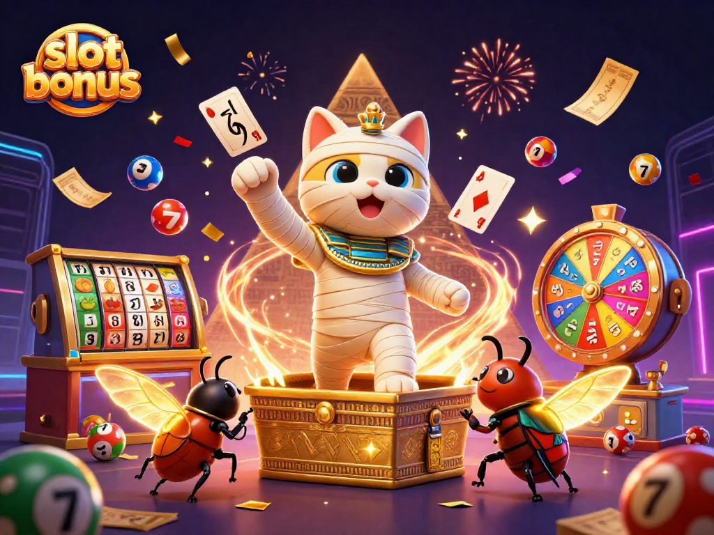 Engage with slot bonus excitement as cartoon mummy cat and scarab beetle celebrate in a vibrant casino.