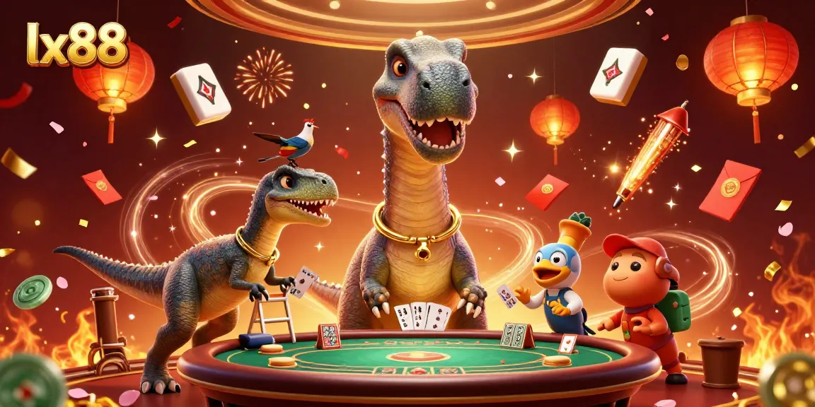 Watch the vibrant lx88 casino scene featuring cartoon dinosaurs engaged in an exciting poker game.