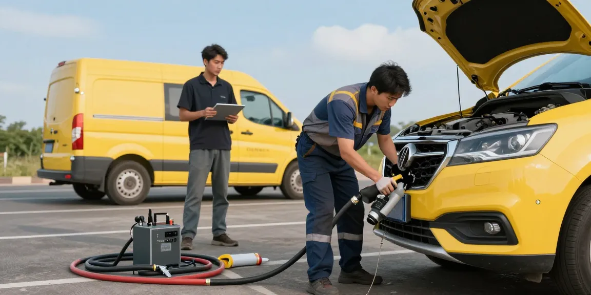 Technician draining petrol in diesel car on roadside for efficient recovery.
