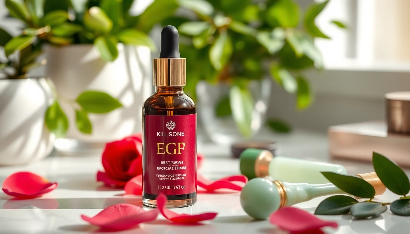 Apply the best EGF serum for youthful, glowing skin while showcasing its luxurious bottle.