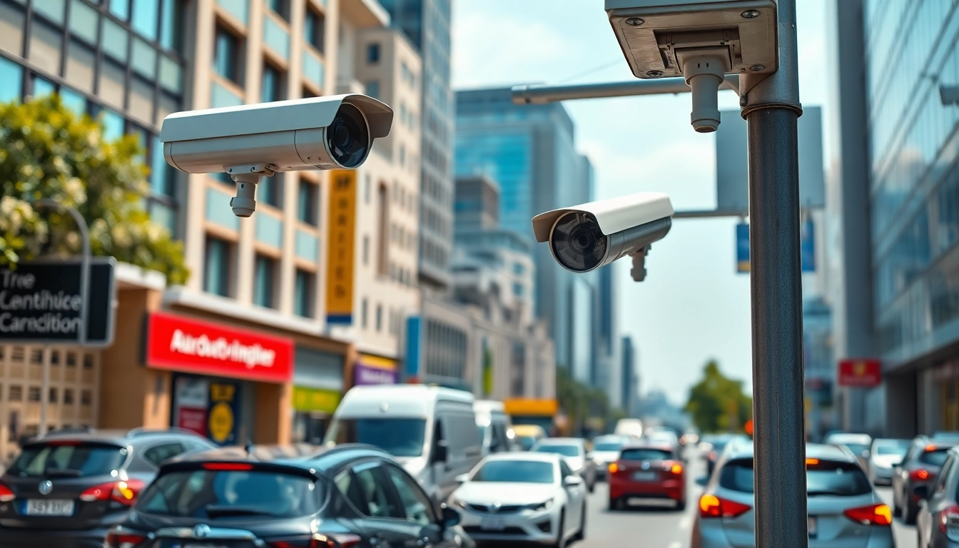 Automatic license plate recognition system capturing vehicles in a busy urban setting.