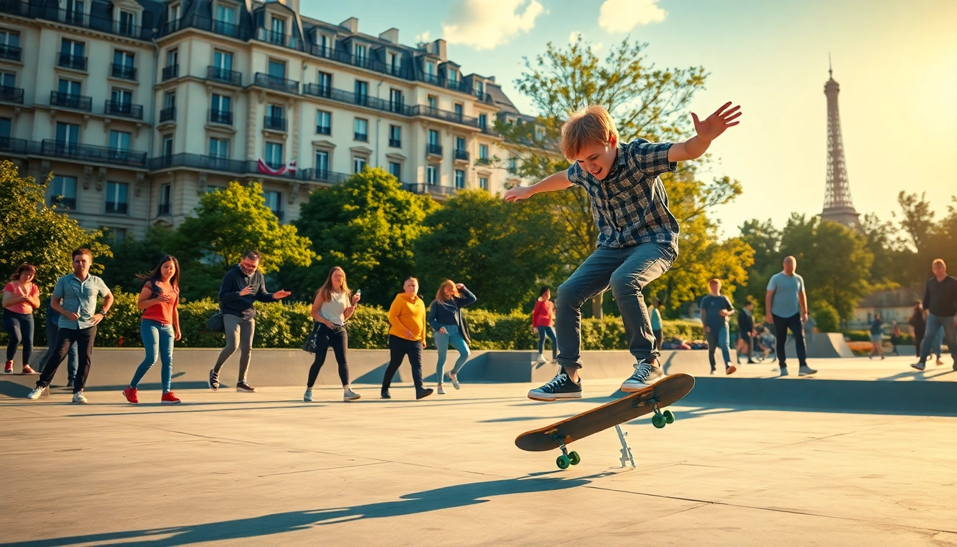 Engaging scene with skateboarders demonstrating their skills while learning Apprendre le Skate Paris.