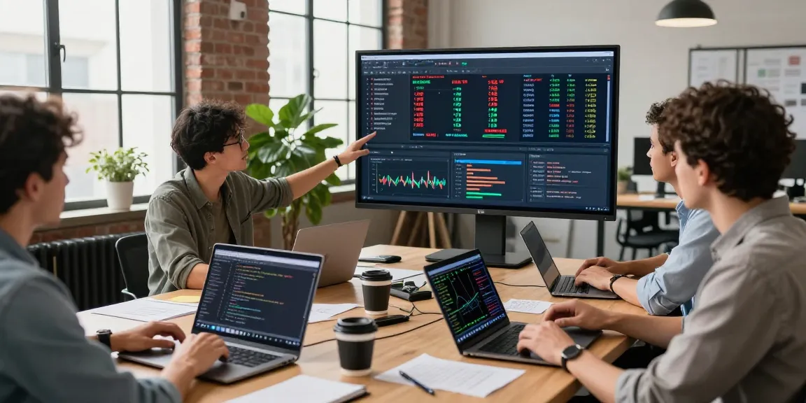 Team collaborating on an algorithmic forex data API project in a modern tech workspace with real-time exchange rate data displayed.
