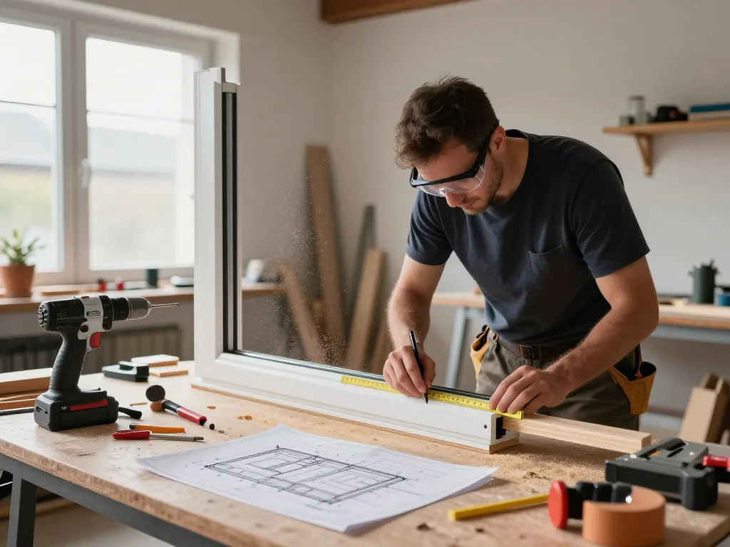 Fachmann Tischler misst Holz für die Fensterbau-Fenstermontage in einer gut beleuchteten Werkstatt.