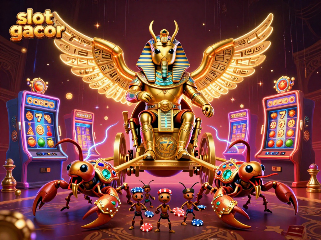 Experience the thrill of slot gacor with a colossal golden scarab beetle and scorpions in a dynamic casino scene.