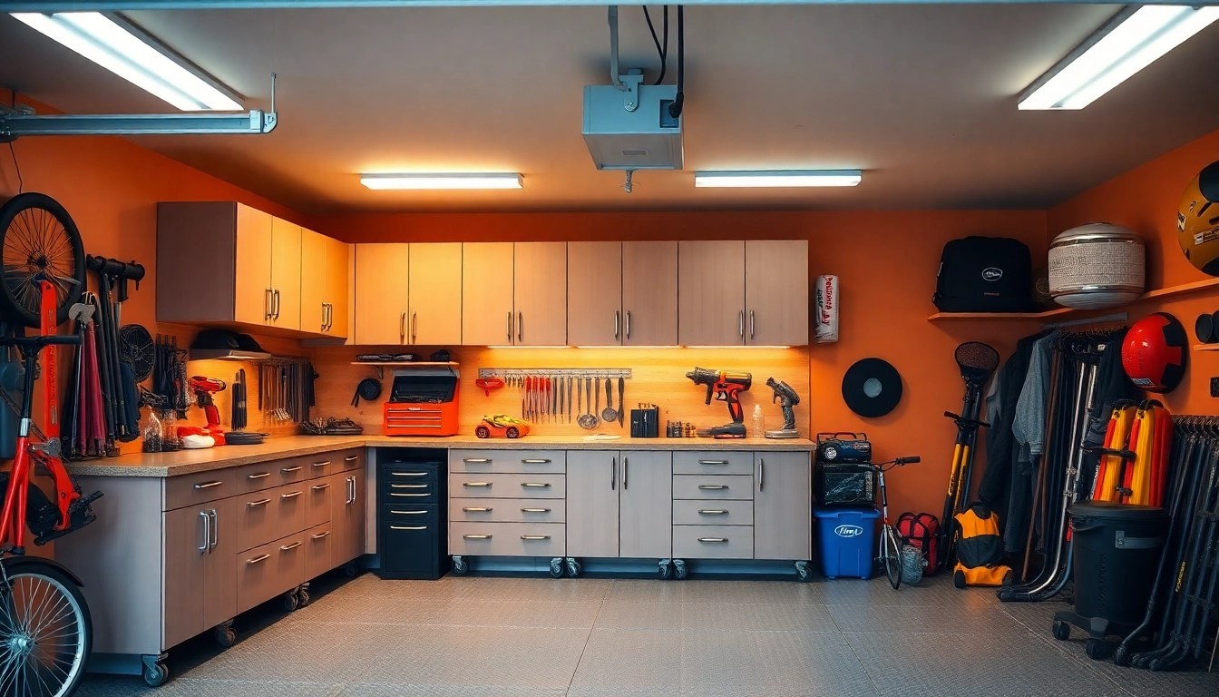 Garage cabinets providing organized storage for tools and equipment in a stylish garage.