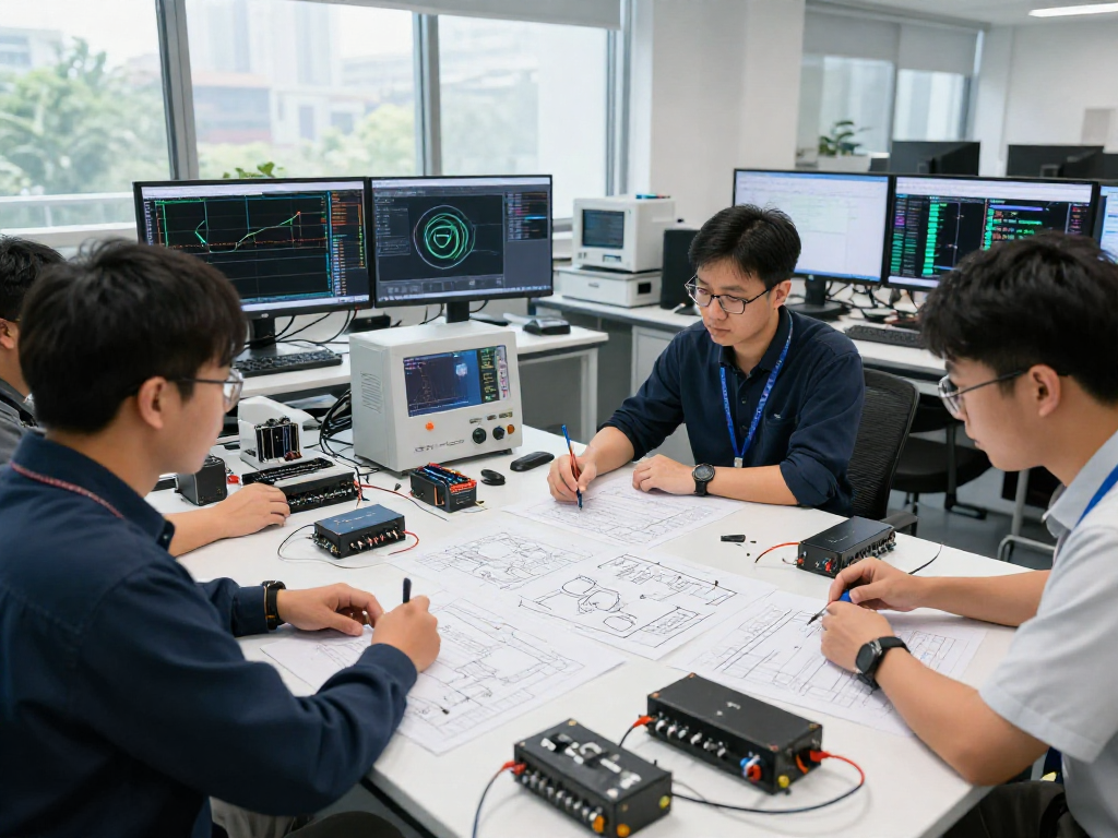 Engineers collaborating on OEM&ODM lithium battery pack prototypes in a modern lab