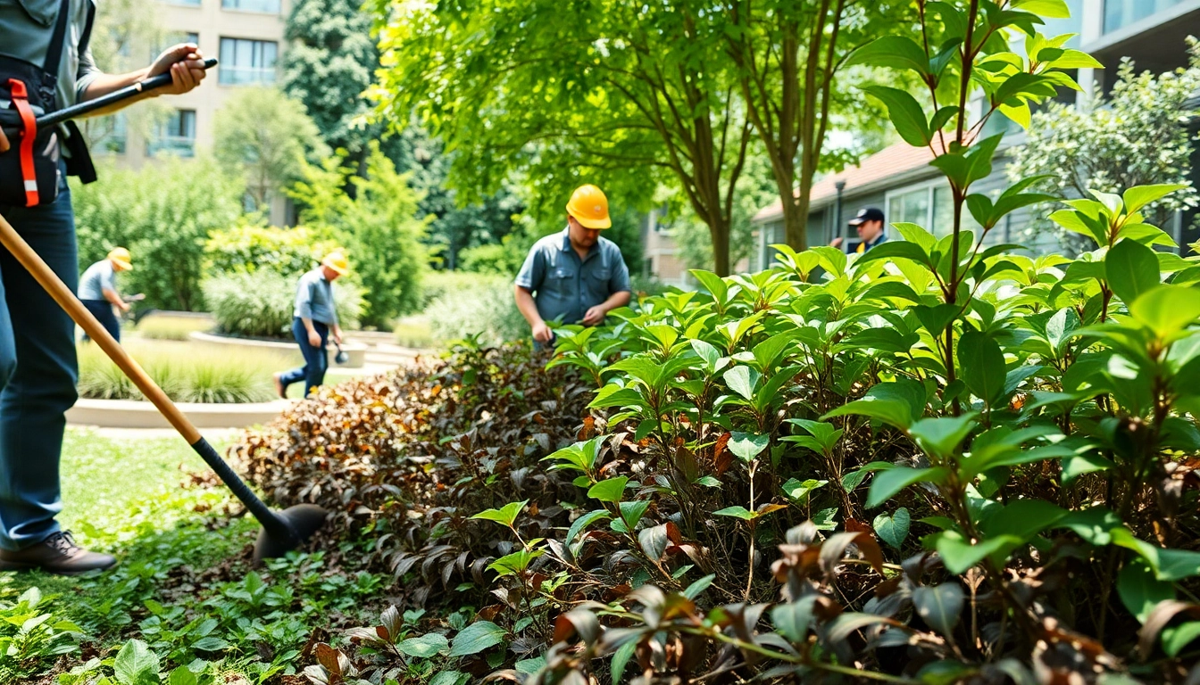Japanese Knotweed Removal: Expert team diligently removing invasive plants in a garden.