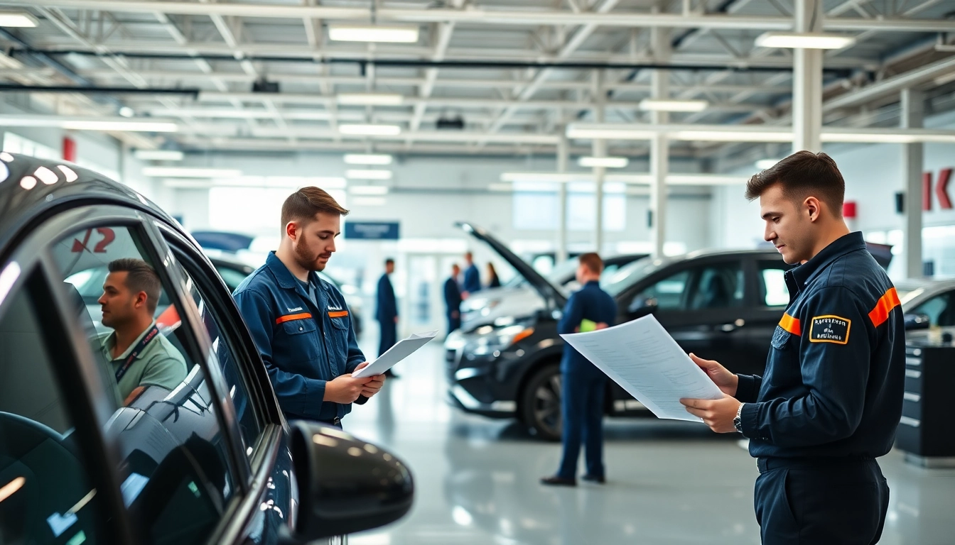 Showcasing transparent warranty coverage in an auto service center with professional technicians at work.