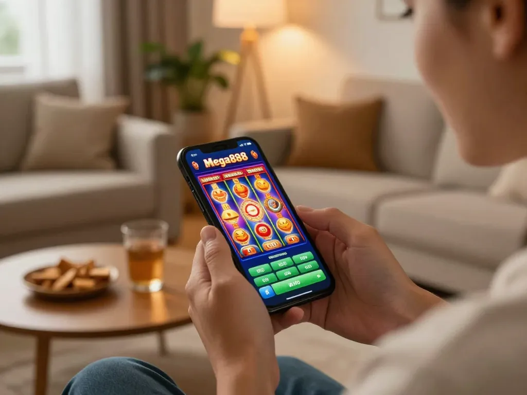 Pautan muat turun Mega888 dipaparkan pada telefon pintar semasa permainan mudah alih di ruang tamu yang selesa
