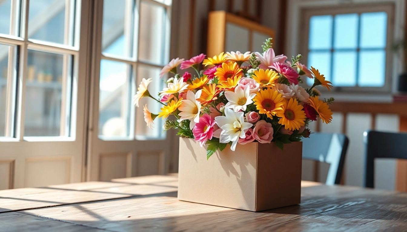 Brightly arranged letterbox flowers in a decorative box on a table, showcasing vibrant colors and elegant presentation.