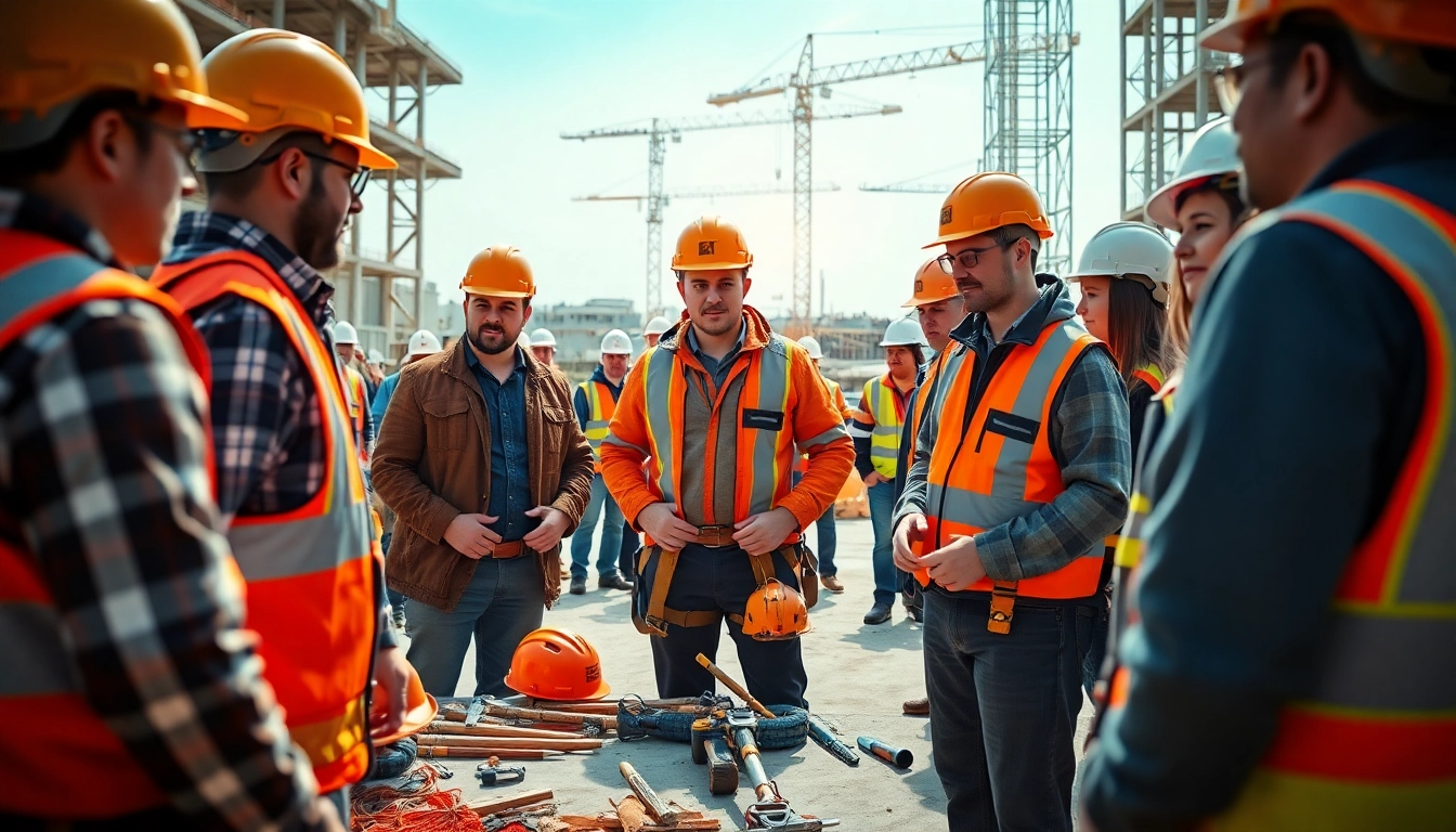 Construction safety training session with workers engaged in hands-on safety protocol training.
