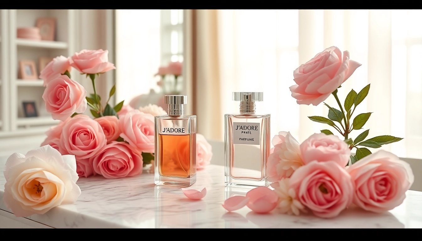 Showcase J'adore perfume bottles among roses on a marble vanity, embodying elegance and luxury.