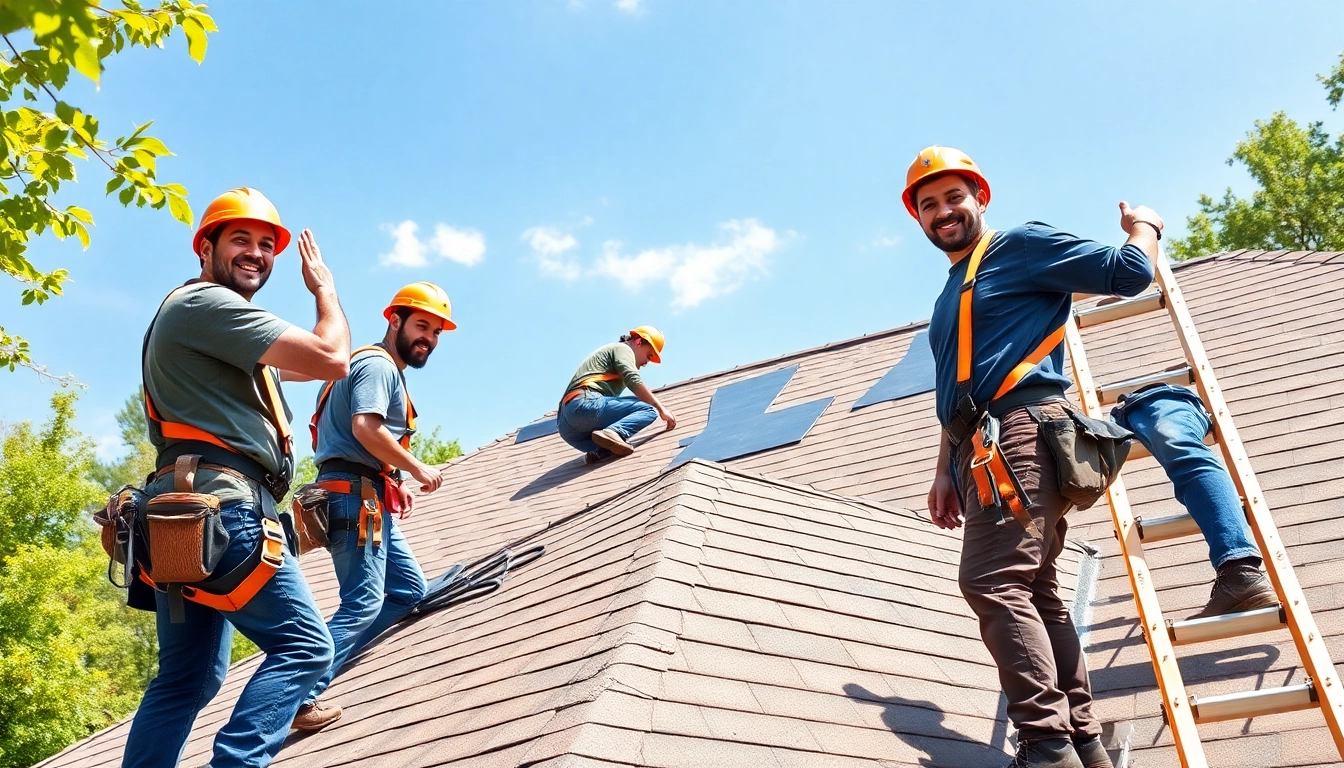 Affordable roofer near Flowery Branch, GA team installing new roofing on a sunny day.