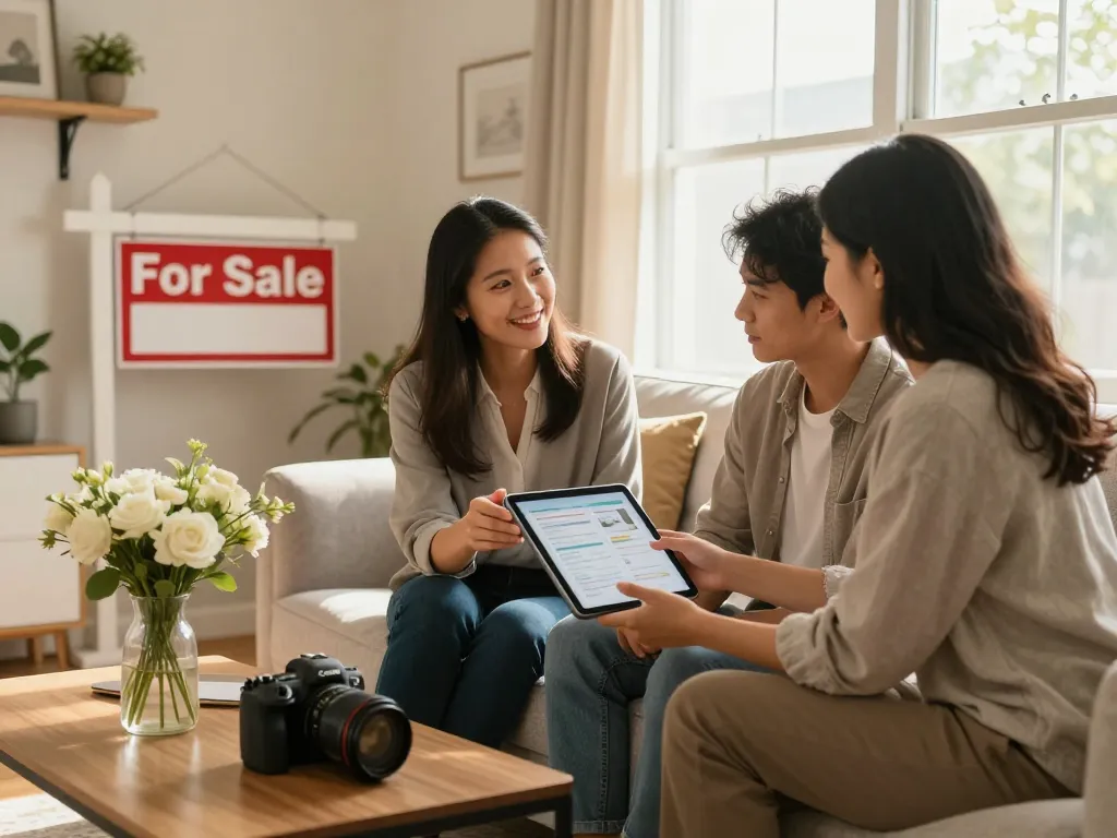 Engaging scene of real estate agent discussing quick house sale with clients in a cozy living room space.