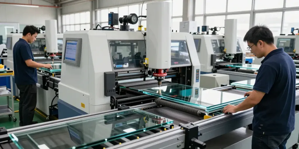 Glass machine manufacturers showcasing advanced machinery in a manufacturing facility.