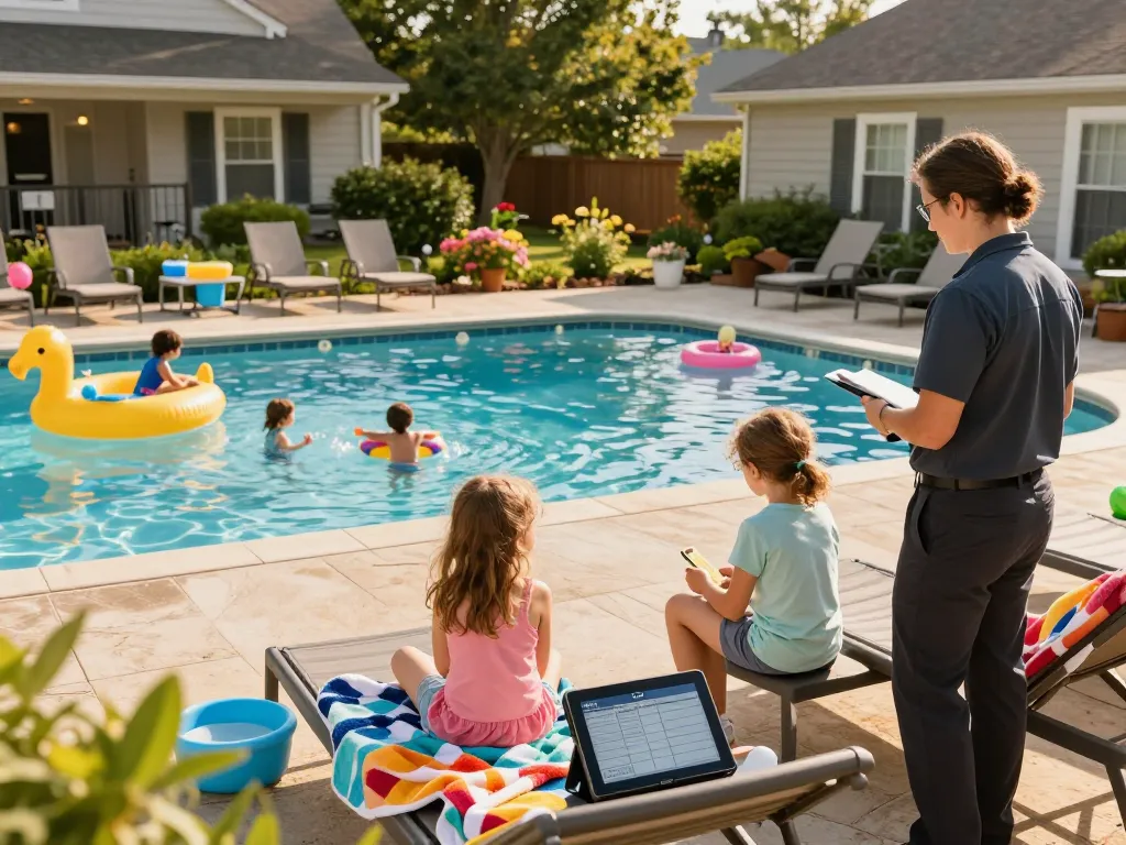 Dolphin Pool Services maintaining a vibrant residential pool in Virginia, family enjoying summer fun