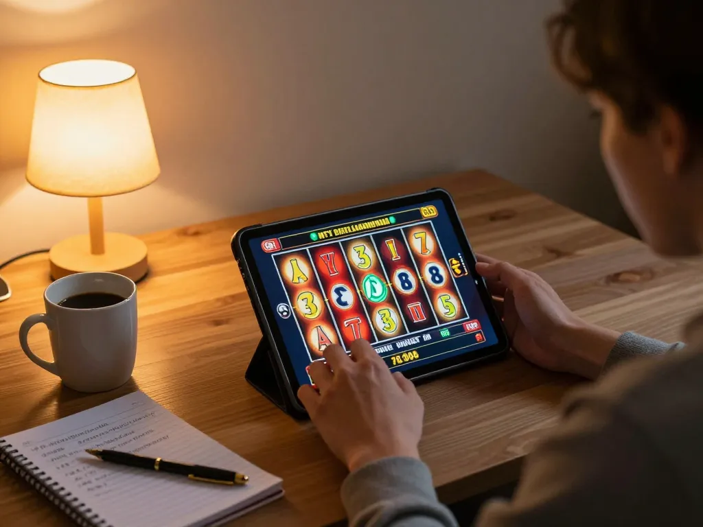 FAFA828 players enjoying a thrilling online slot game on a tablet in a cozy home setting.