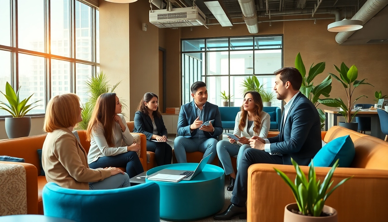 Engaging scene depicting a business coach los angeles working with clients in a vibrant office.